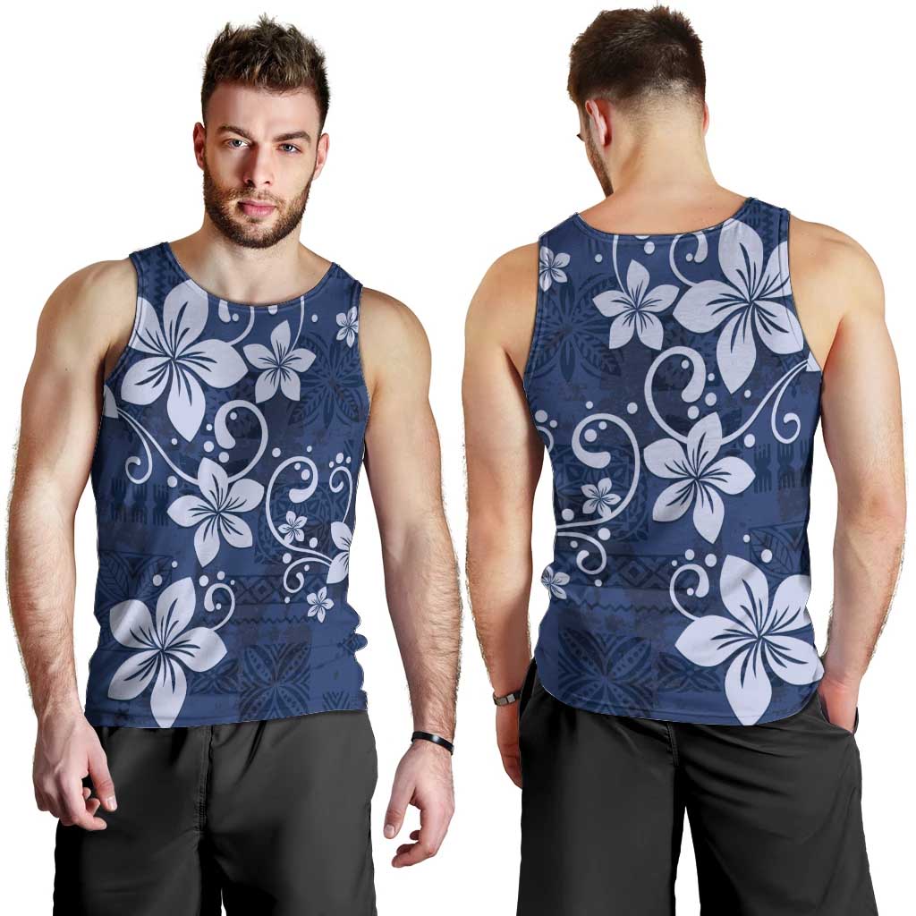 Plumeria Floral Tapa Pattern Navy Blue Men Tank Top LT01 - Polynesian Pride