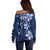 Plumeria Floral Tapa Pattern Navy Blue Off Shoulder Sweater