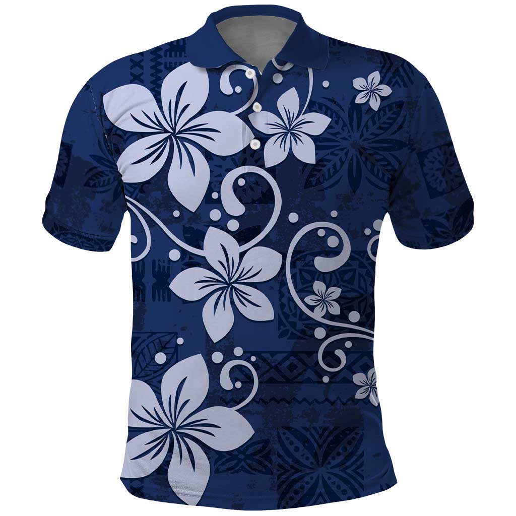 Plumeria Floral Tapa Pattern Navy Blue Polo Shirt