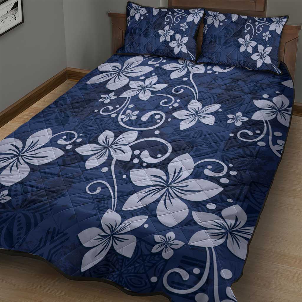 Plumeria Floral Tapa Pattern Navy Blue Quilt Bed Set LT01 - Polynesian Pride