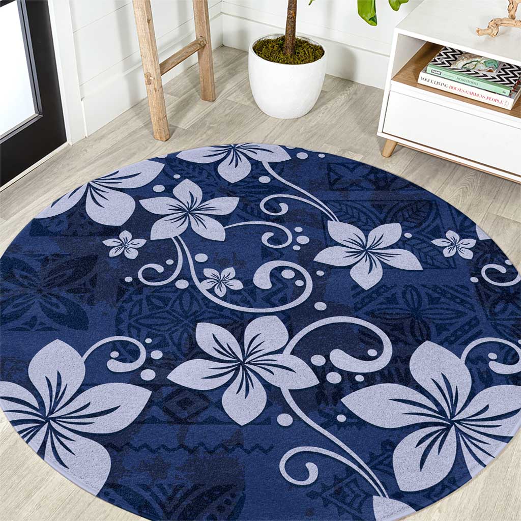 Plumeria Floral Tapa Pattern Navy Blue Round Carpet