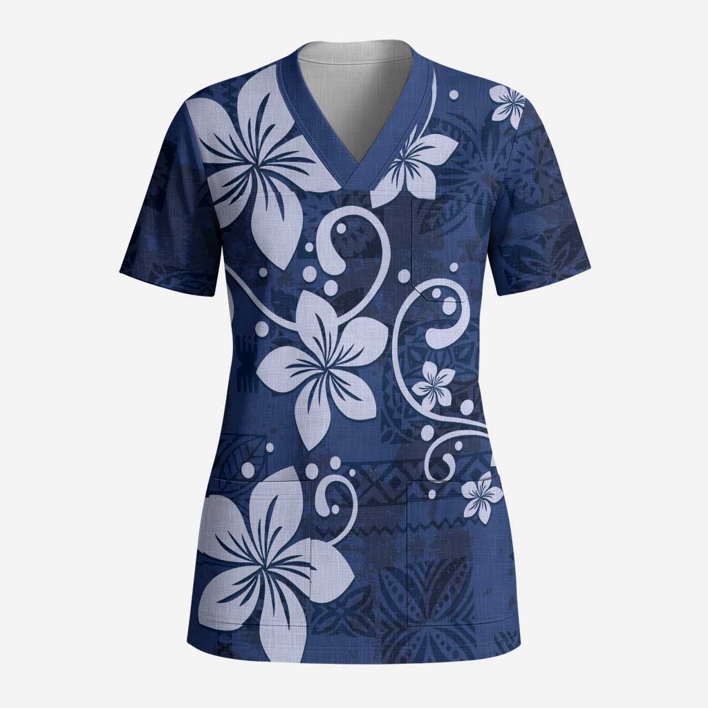 Plumeria Floral Tapa Pattern Navy Blue Scrub Top LT01 Adult Blue - Polynesian Pride