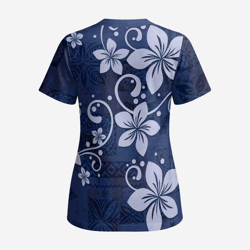 Plumeria Floral Tapa Pattern Navy Blue Scrub Top LT01 - Polynesian Pride