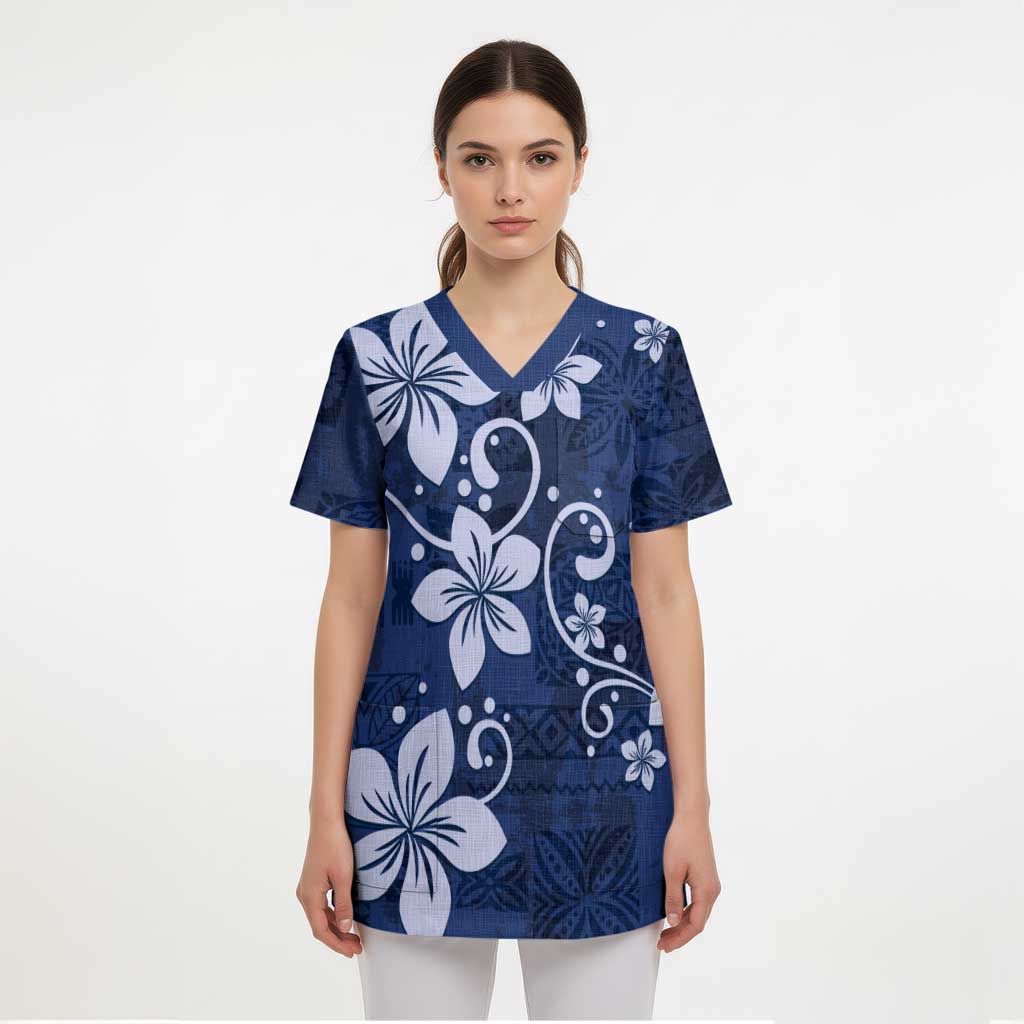 Plumeria Floral Tapa Pattern Navy Blue Scrub Top LT01 - Polynesian Pride