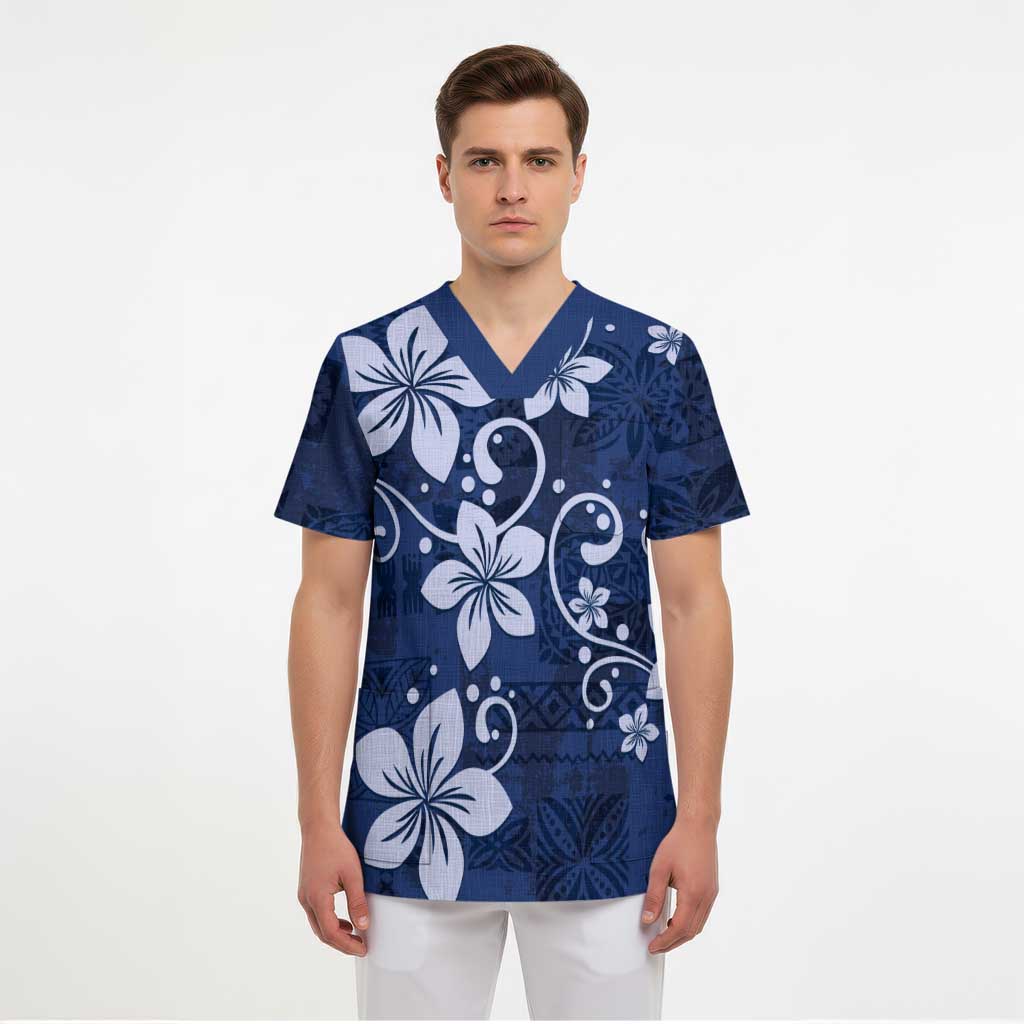 Plumeria Floral Tapa Pattern Navy Blue Scrub Top LT01 - Polynesian Pride
