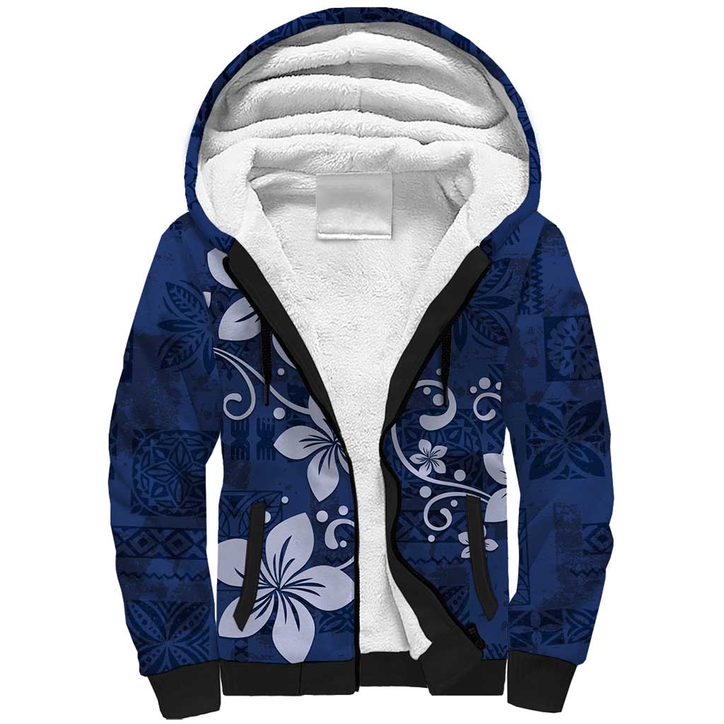 Plumeria Floral Tapa Pattern Navy Blue Sherpa Hoodie LT01 Unisex Blue - Polynesian Pride
