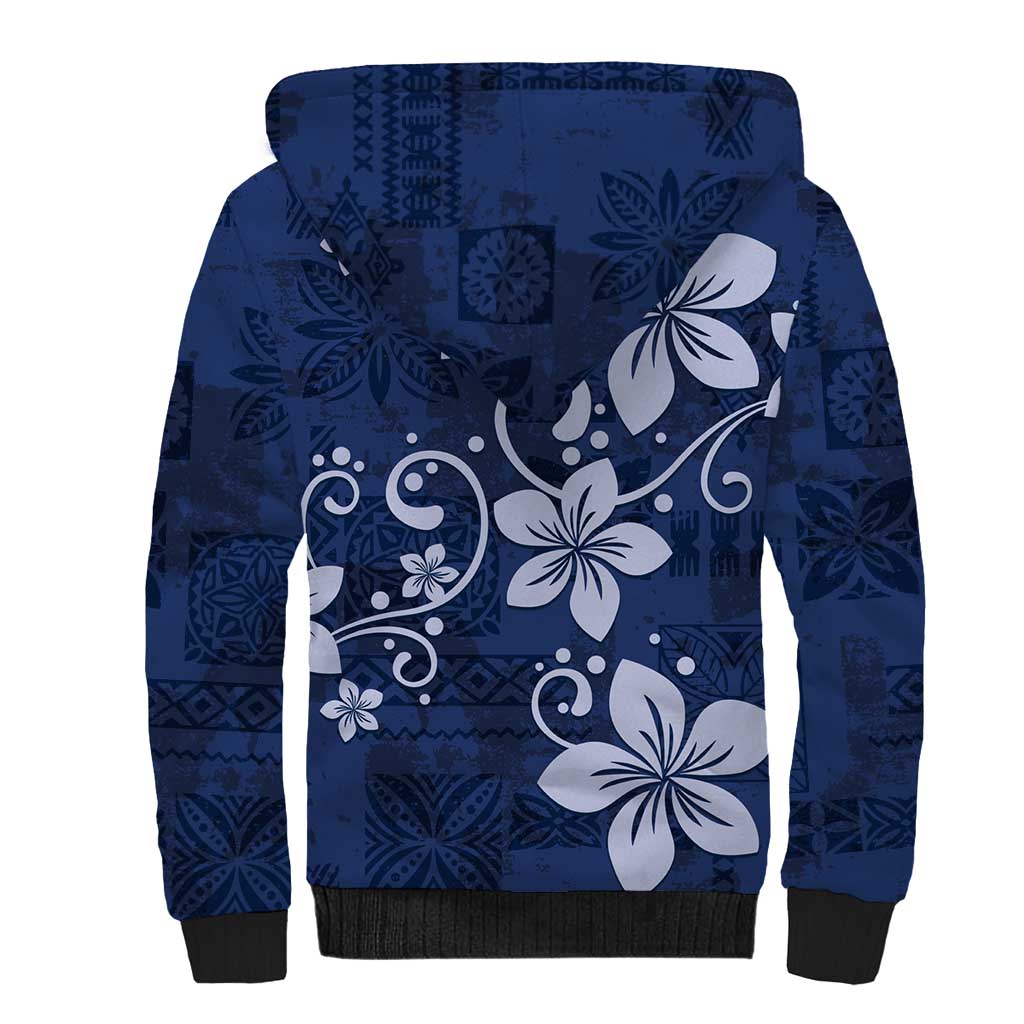 Plumeria Floral Tapa Pattern Navy Blue Sherpa Hoodie LT01 - Polynesian Pride