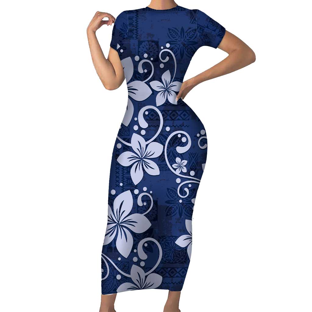 Plumeria Floral Tapa Pattern Navy Blue Short Sleeve Bodycon Dress