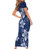 Plumeria Floral Tapa Pattern Navy Blue Short Sleeve Bodycon Dress