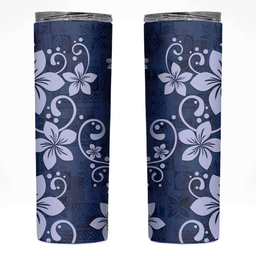 Plumeria Floral Tapa Pattern Navy Blue Skinny Tumbler