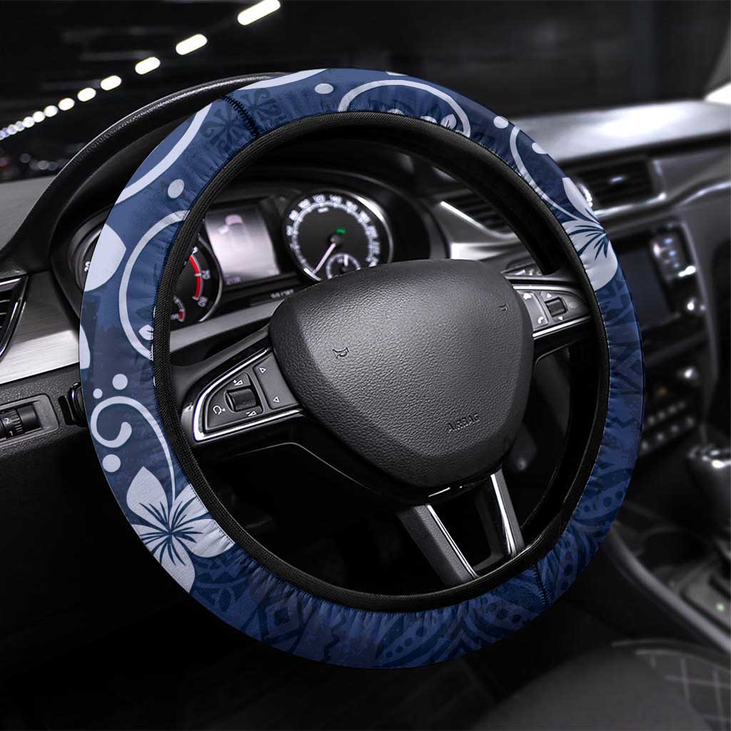 Plumeria Floral Tapa Pattern Navy Blue Steering Wheel Cover LT01 Universal Fit Blue - Polynesian Pride