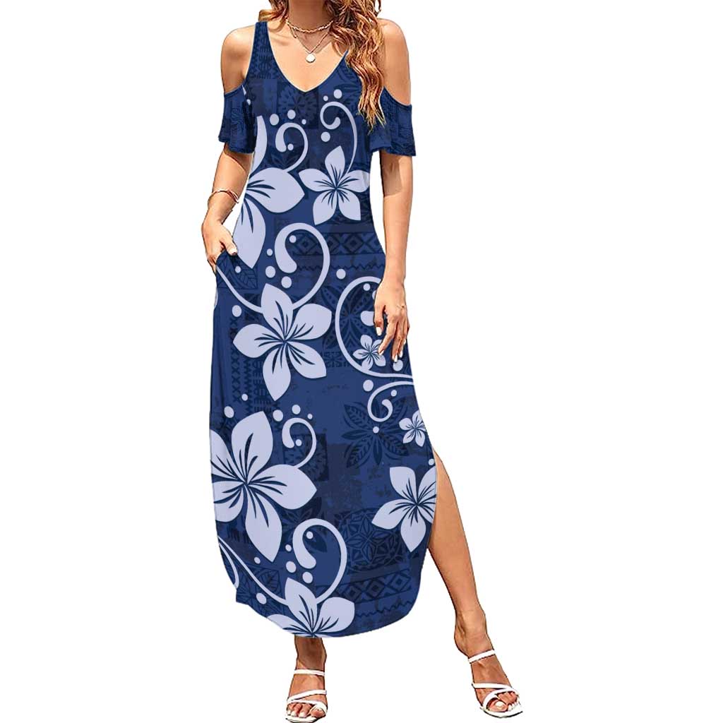 Plumeria Floral Tapa Pattern Navy Blue Summer Maxi Dress LT01 Women Blue - Polynesian Pride