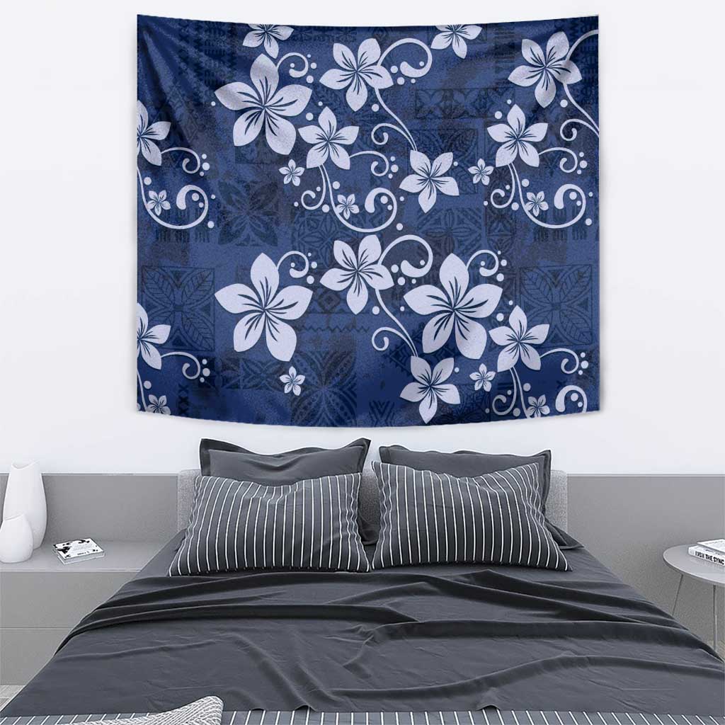 Plumeria Floral Tapa Pattern Navy Blue Tapestry
