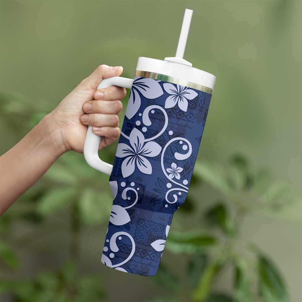 Plumeria Floral Tapa Pattern Navy Blue Tumbler With Handle LT01 - Polynesian Pride