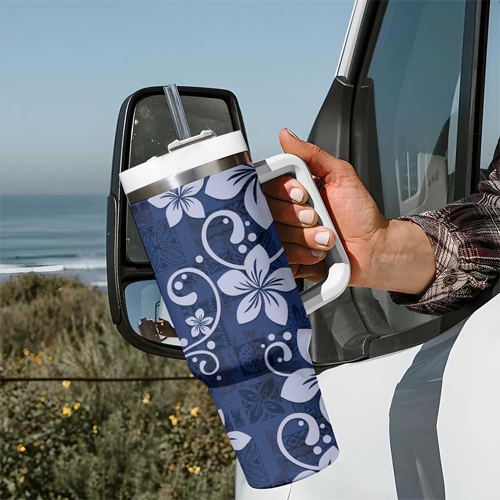 Plumeria Floral Tapa Pattern Navy Blue Tumbler With Handle LT01 - Polynesian Pride