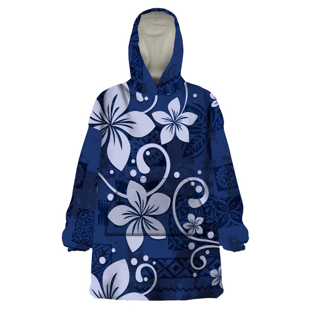 Plumeria Floral Tapa Pattern Navy Blue Wearable Blanket Hoodie