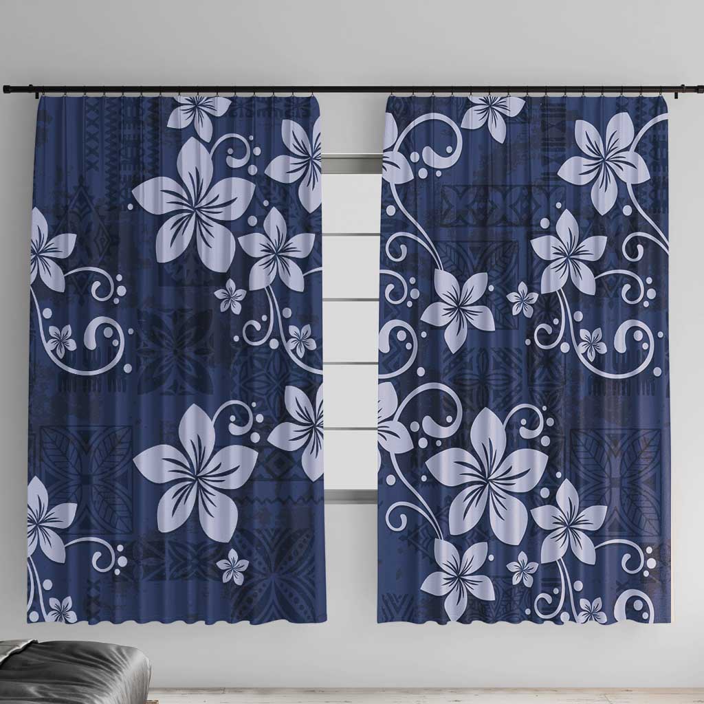 Plumeria Floral Tapa Pattern Navy Blue Window Curtain LT01 With Hooks Blue - Polynesian Pride