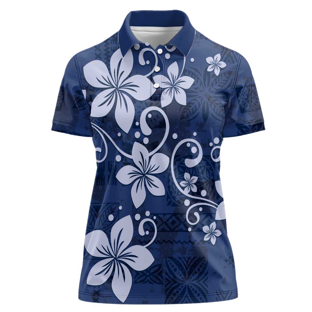 Plumeria Floral Tapa Pattern Navy Blue Women Polo Shirt