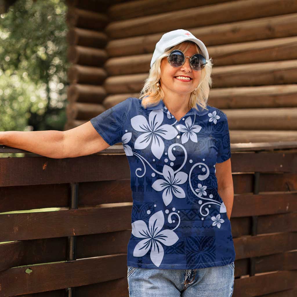 Plumeria Floral Tapa Pattern Navy Blue Women Polo Shirt