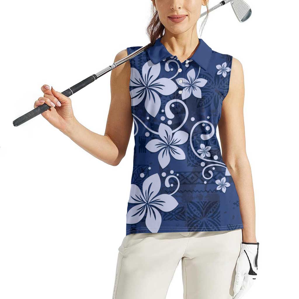 Plumeria Floral Tapa Pattern Navy Blue Women Sleeveless Polo Shirt