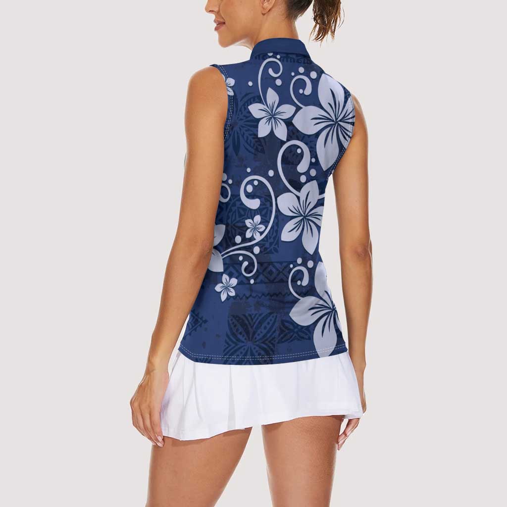 Plumeria Floral Tapa Pattern Navy Blue Women Sleeveless Polo Shirt