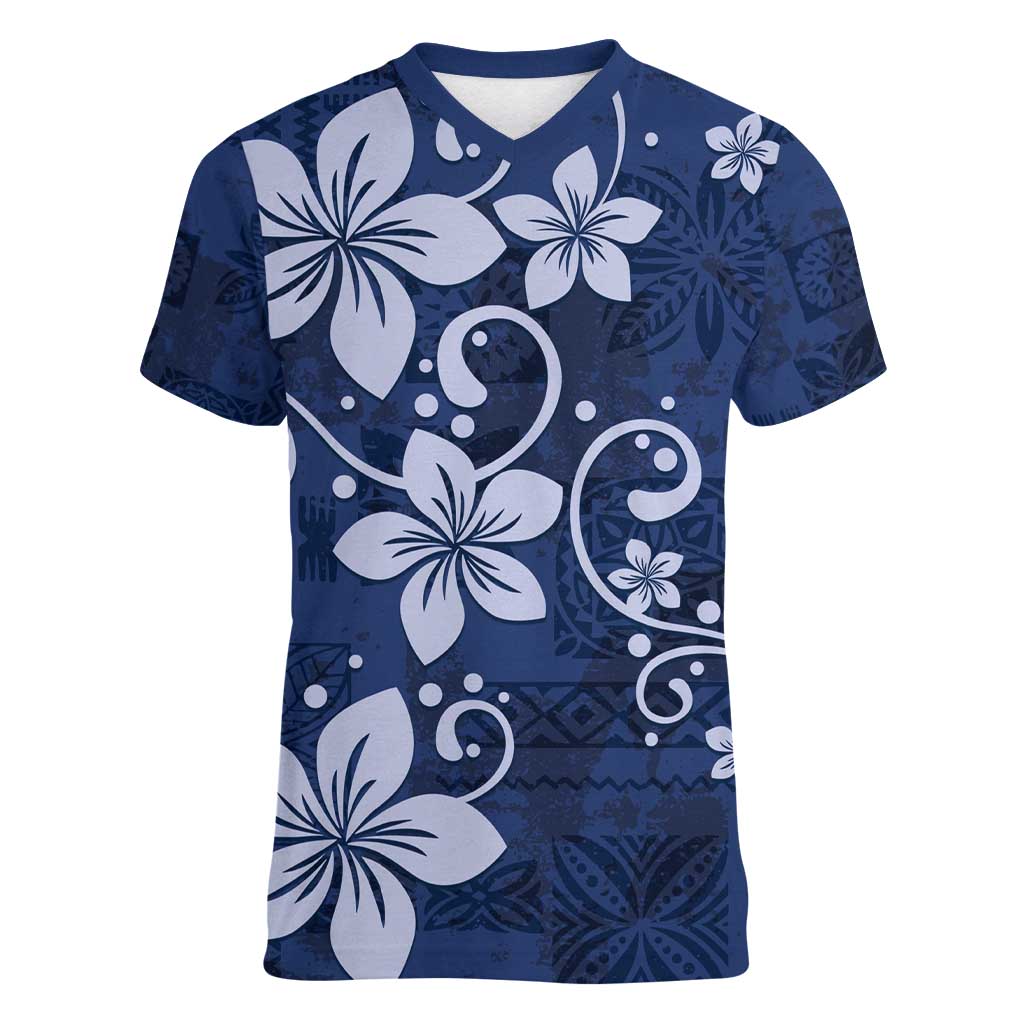 Plumeria Floral Tapa Pattern Navy Blue Women V-Neck T-Shirt LT01 Female Blue - Polynesian Pride