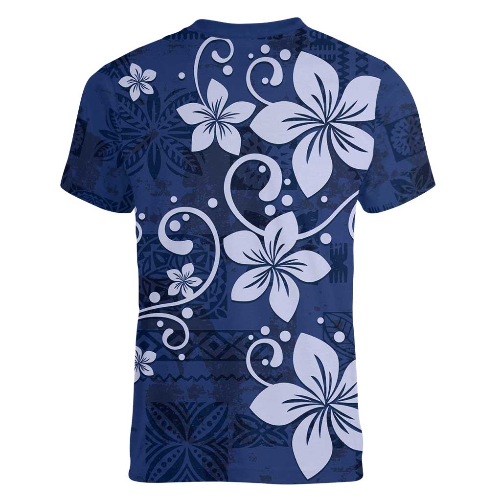 Plumeria Floral Tapa Pattern Navy Blue Women V-Neck T-Shirt LT01 - Polynesian Pride