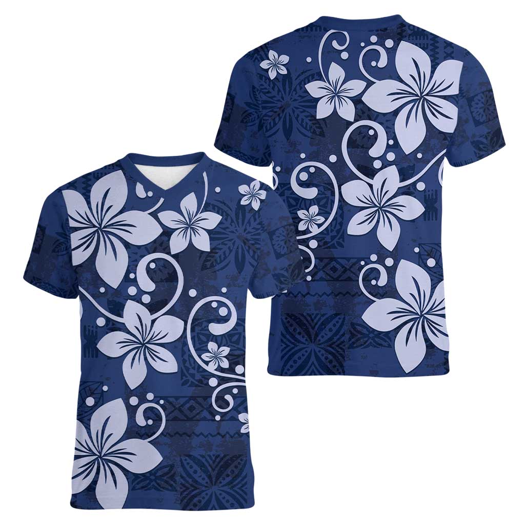 Plumeria Floral Tapa Pattern Navy Blue Women V-Neck T-Shirt LT01 - Polynesian Pride