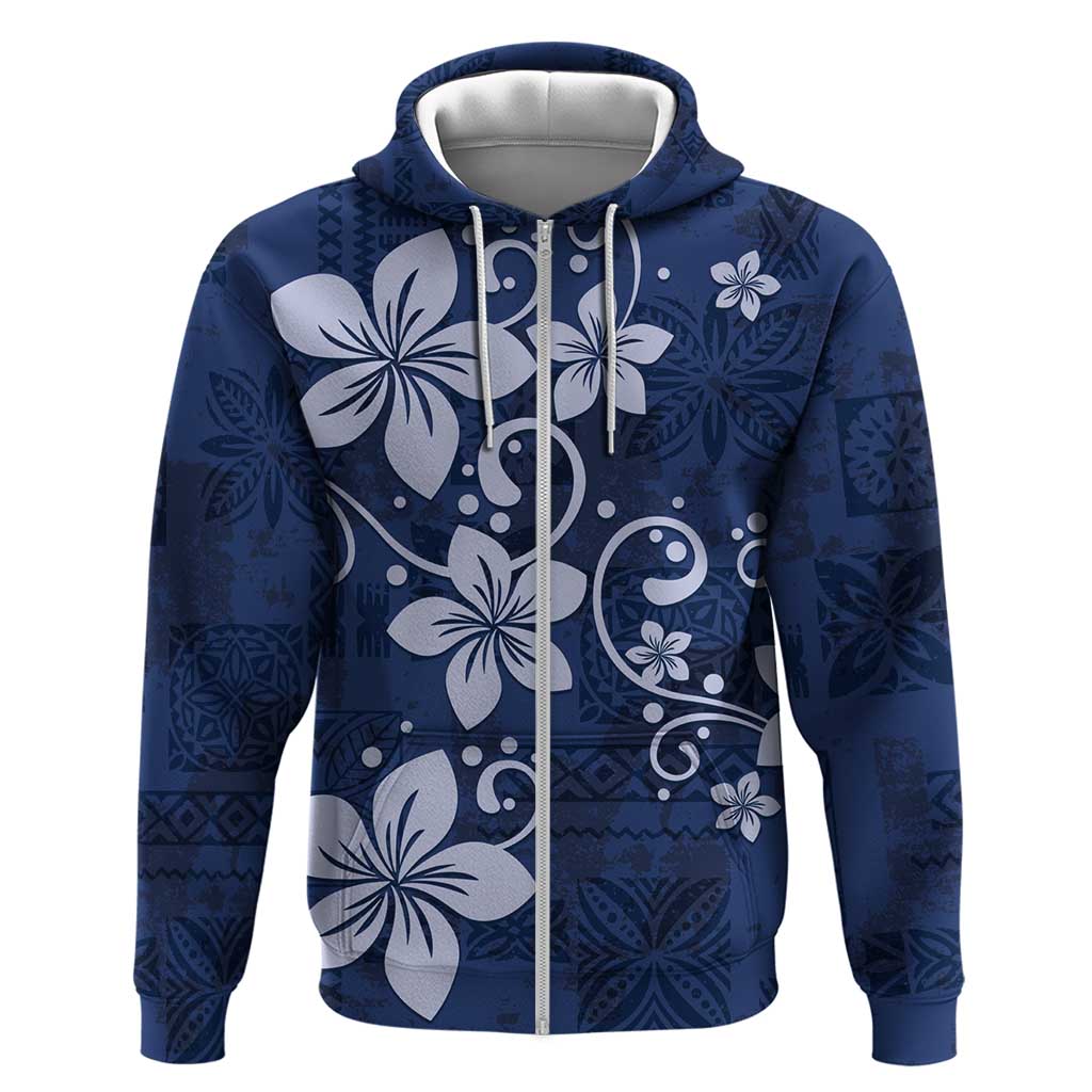 Plumeria Floral Tapa Pattern Navy Blue Zip Hoodie