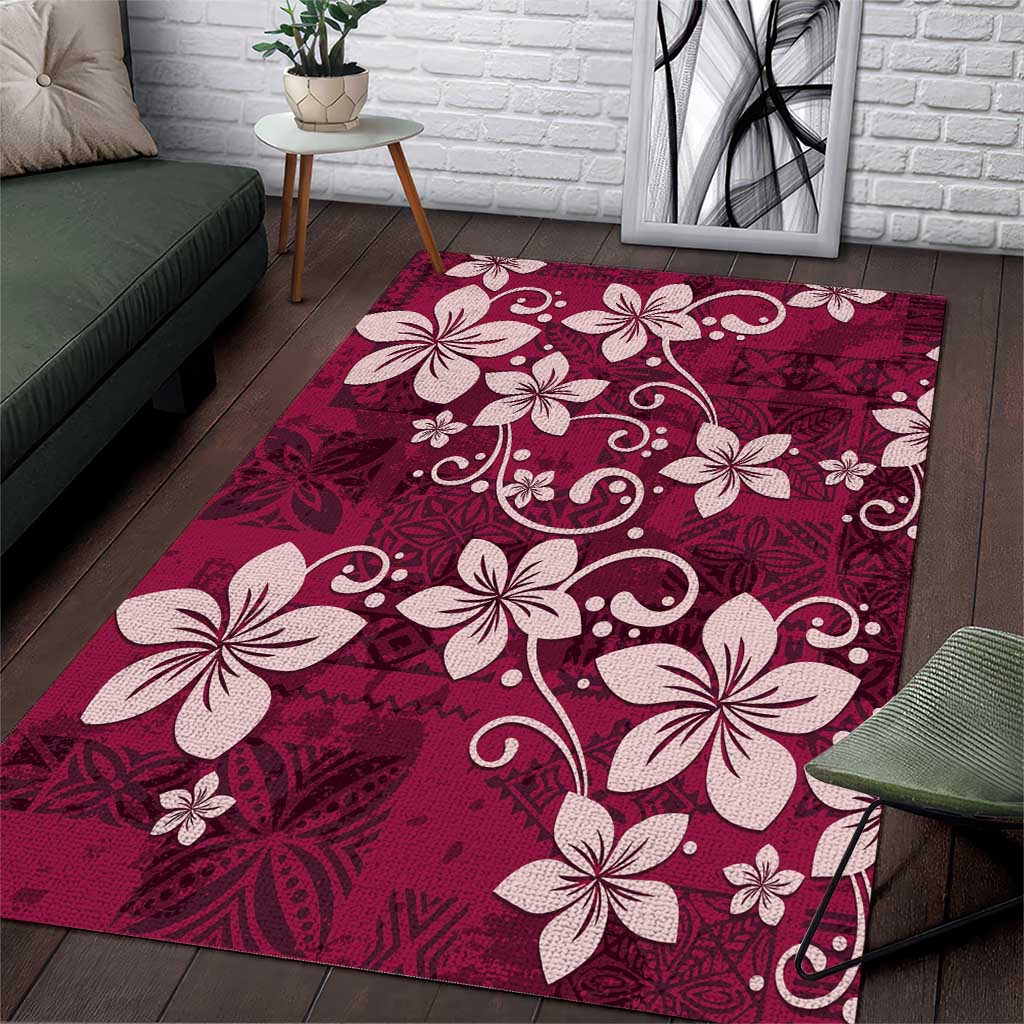 Plumeria Floral Tapa Pattern Ruby Pink Area Rug