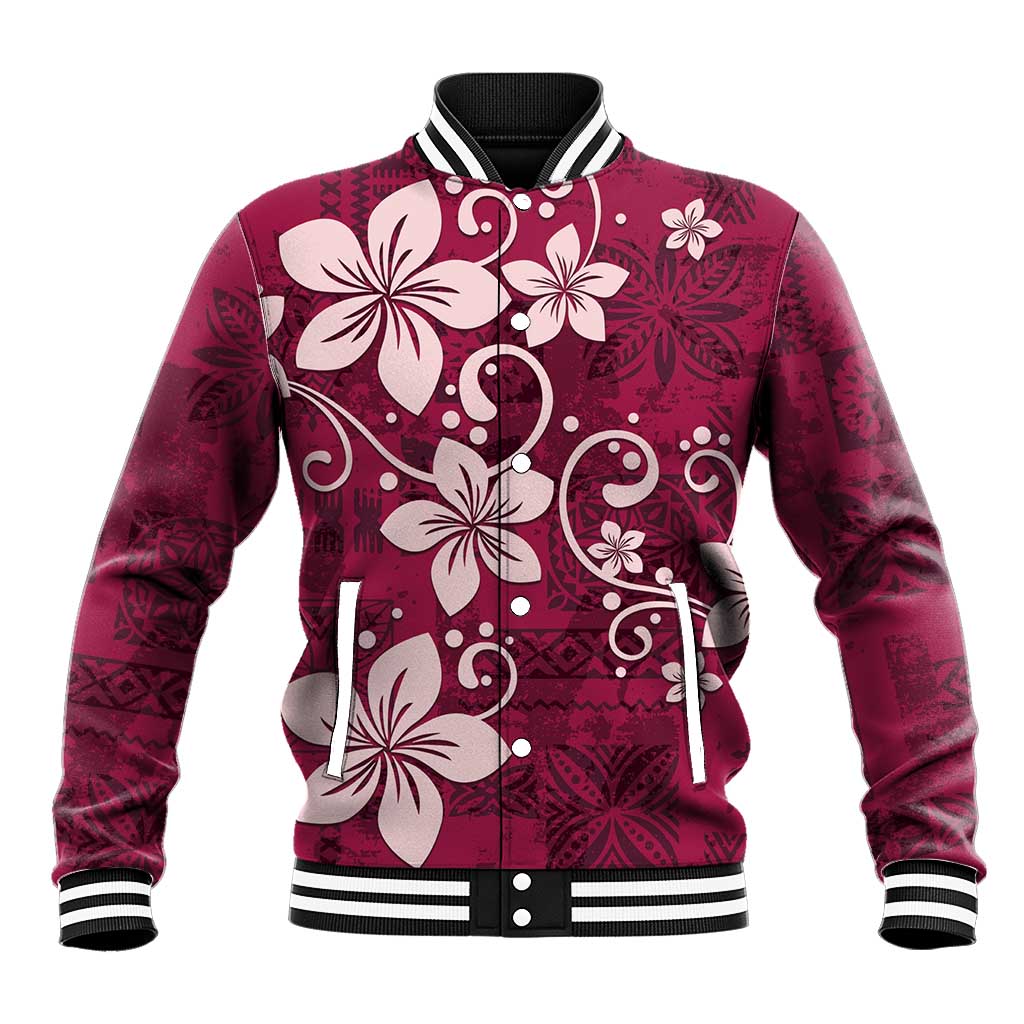 Plumeria Floral Tapa Pattern Ruby Pink Baseball Jacket LT01 Unisex Pink - Polynesian Pride