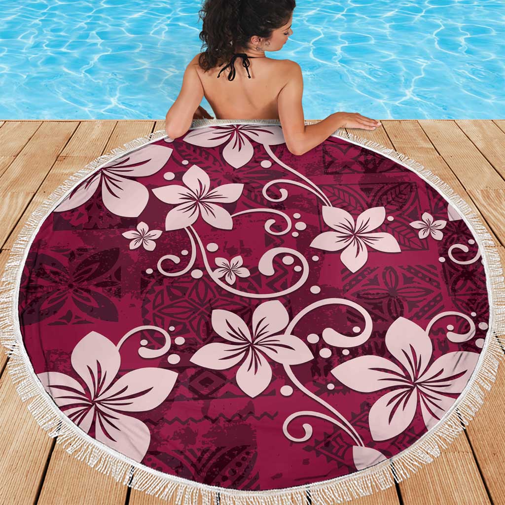 Plumeria Floral Tapa Pattern Ruby Pink Beach Blanket LT01 - Polynesian Pride