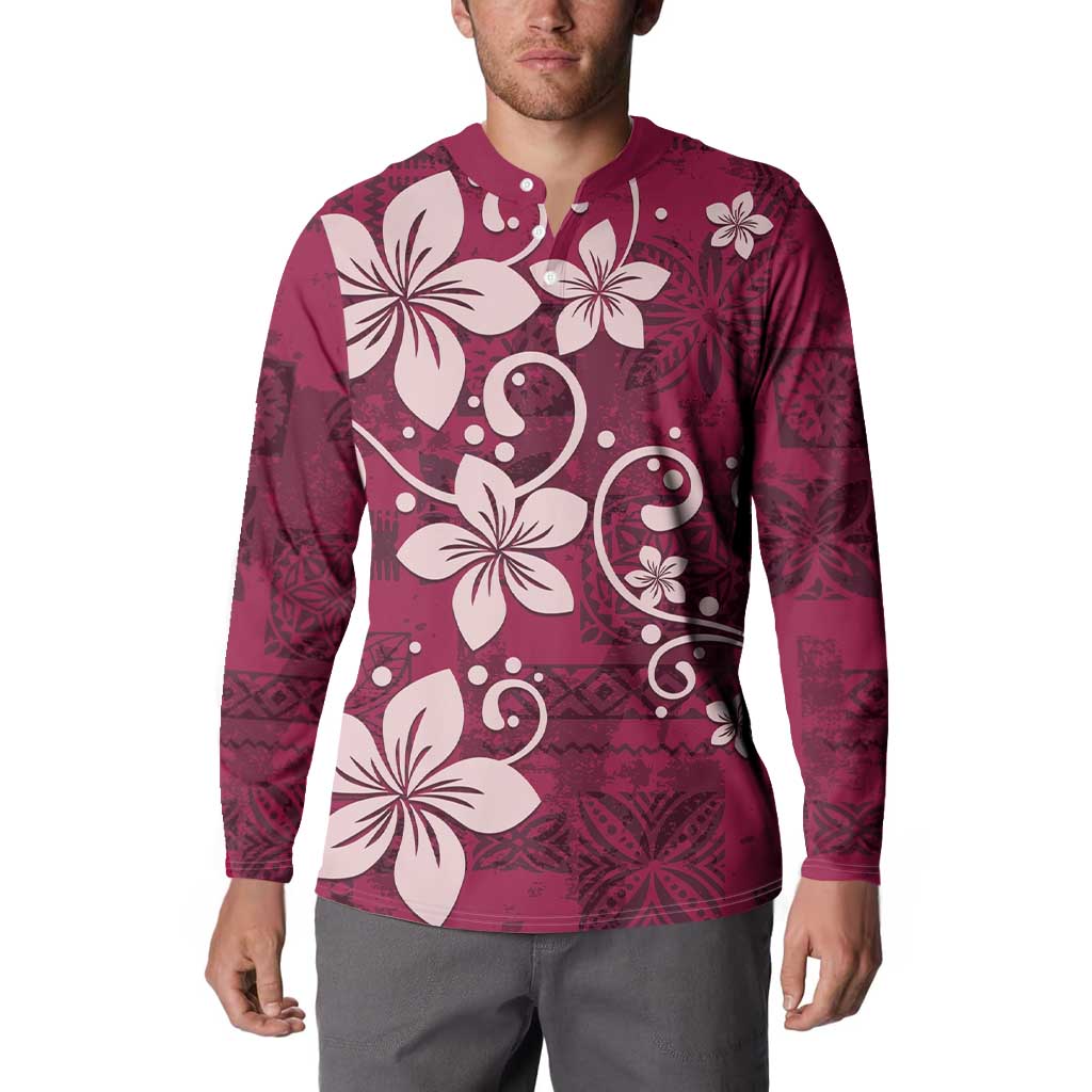 Plumeria Floral Tapa Pattern Ruby Pink Button Sweatshirt LT01 - Polynesian Pride