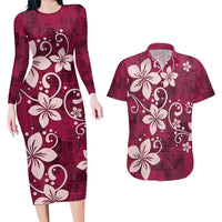Plumeria Floral Tapa Pattern Ruby Pink Couples Matching Long Sleeve Bodycon Dress and Hawaiian Shirt LT01 Pink - Polynesian Pride