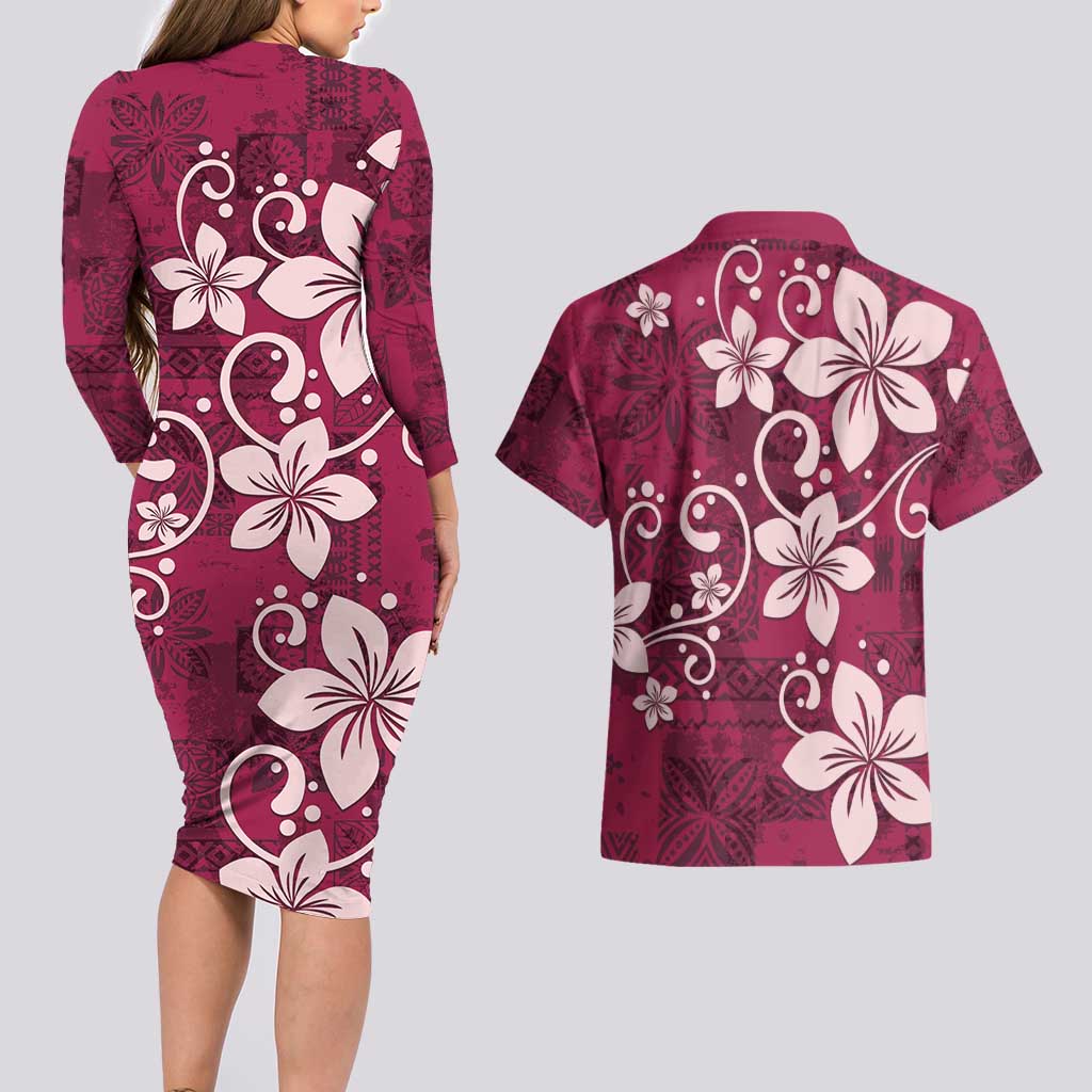 Plumeria Floral Tapa Pattern Ruby Pink Couples Matching Long Sleeve Bodycon Dress and Hawaiian Shirt LT01 - Polynesian Pride