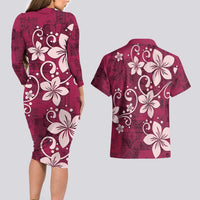 Plumeria Floral Tapa Pattern Ruby Pink Couples Matching Long Sleeve Bodycon Dress and Hawaiian Shirt LT01 - Polynesian Pride