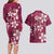 Plumeria Floral Tapa Pattern Ruby Pink Couples Matching Long Sleeve Bodycon Dress and Hawaiian Shirt