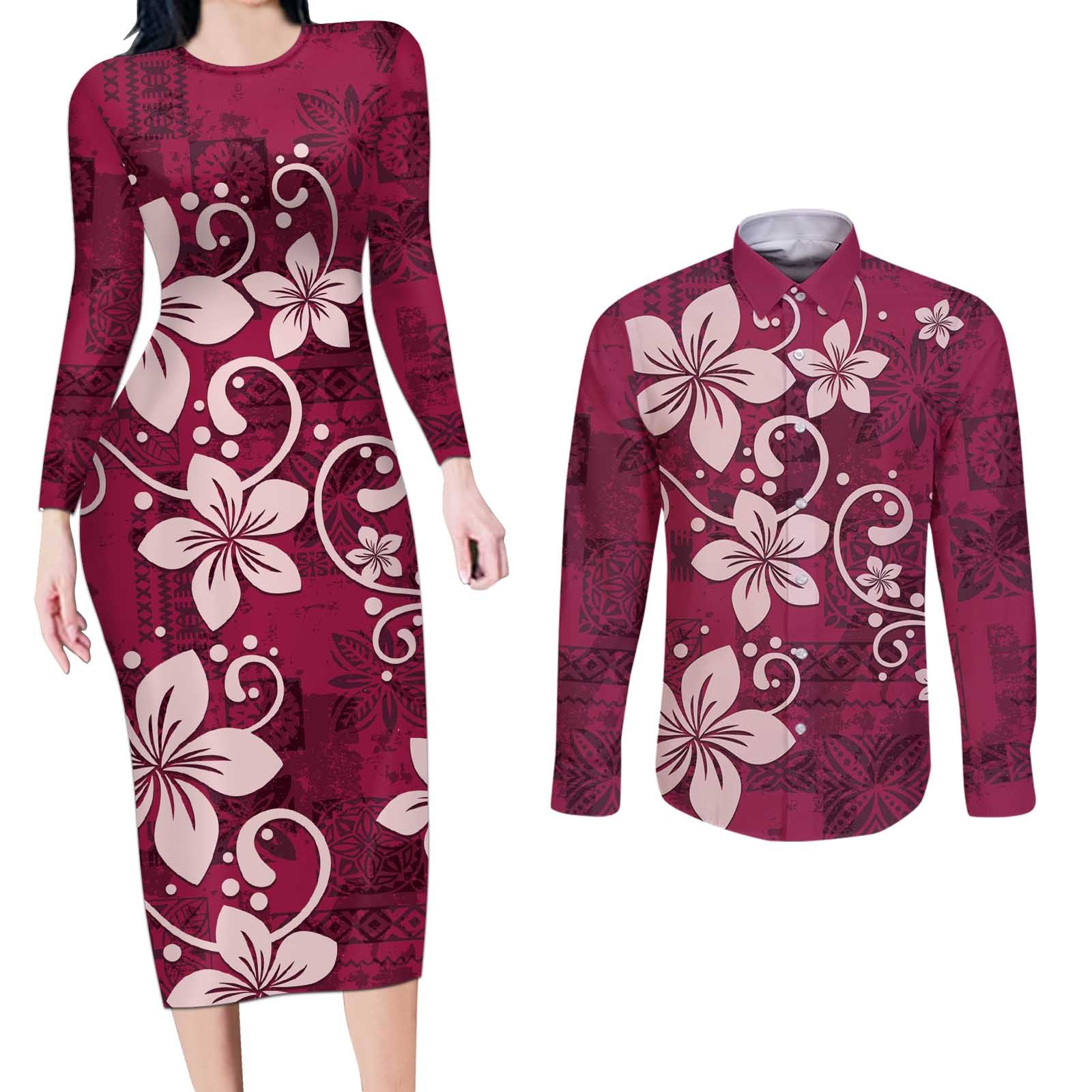 Plumeria Floral Tapa Pattern Ruby Pink Couples Matching Long Sleeve Bodycon Dress and Long Sleeve Button Shirt LT01 Pink - Polynesian Pride