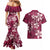 Plumeria Floral Tapa Pattern Ruby Pink Couples Matching Mermaid Dress and Hawaiian Shirt