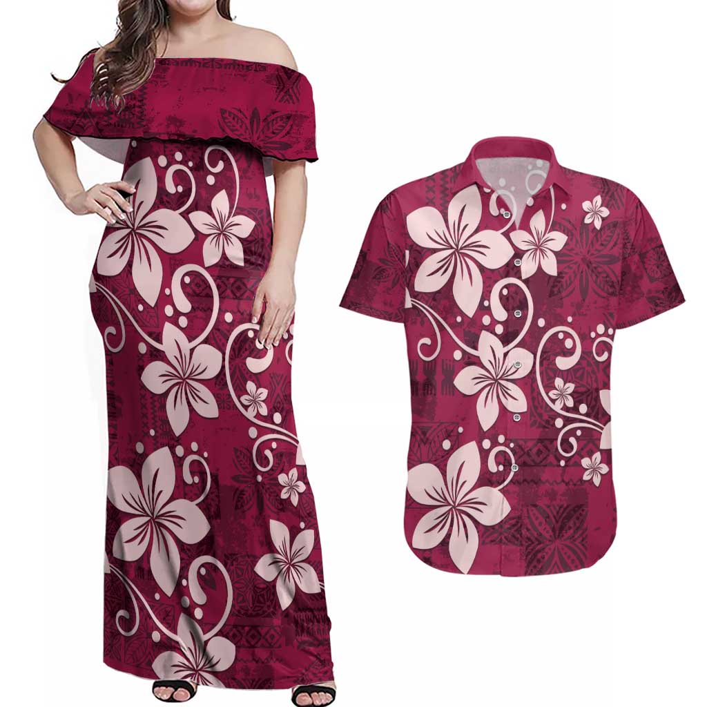 Plumeria Floral Tapa Pattern Ruby Pink Couples Matching Off Shoulder Maxi Dress and Hawaiian Shirt