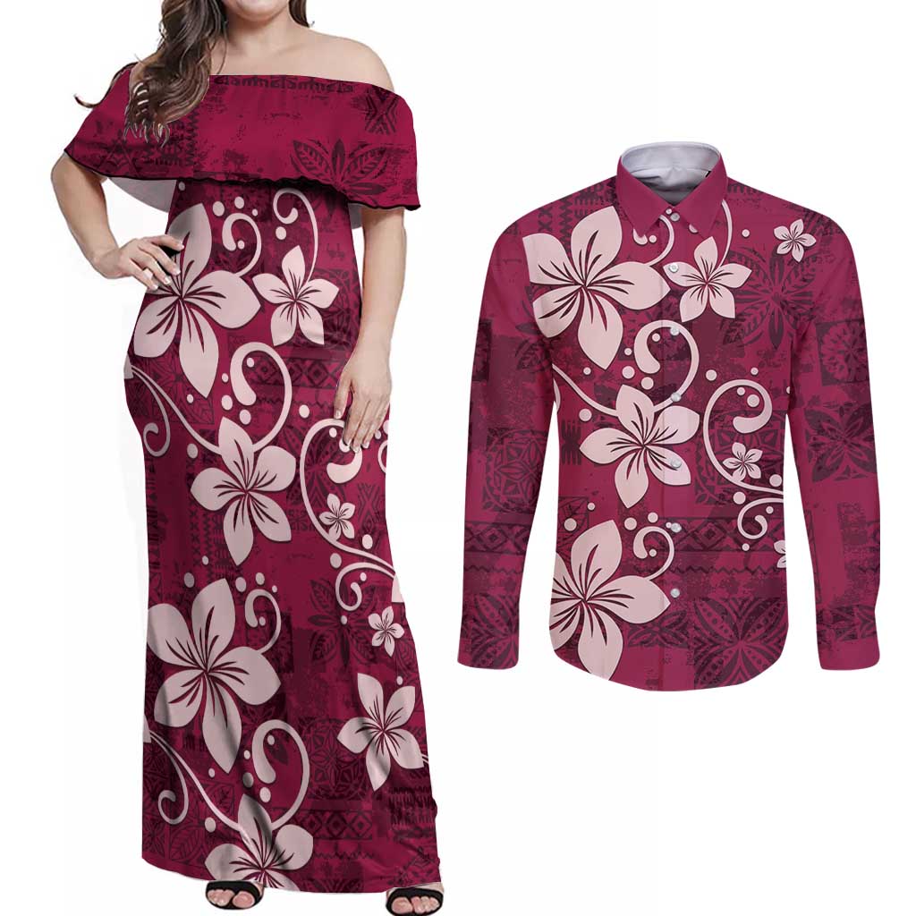 Plumeria Floral Tapa Pattern Ruby Pink Couples Matching Off Shoulder Maxi Dress and Long Sleeve Button Shirt LT01 Pink - Polynesian Pride