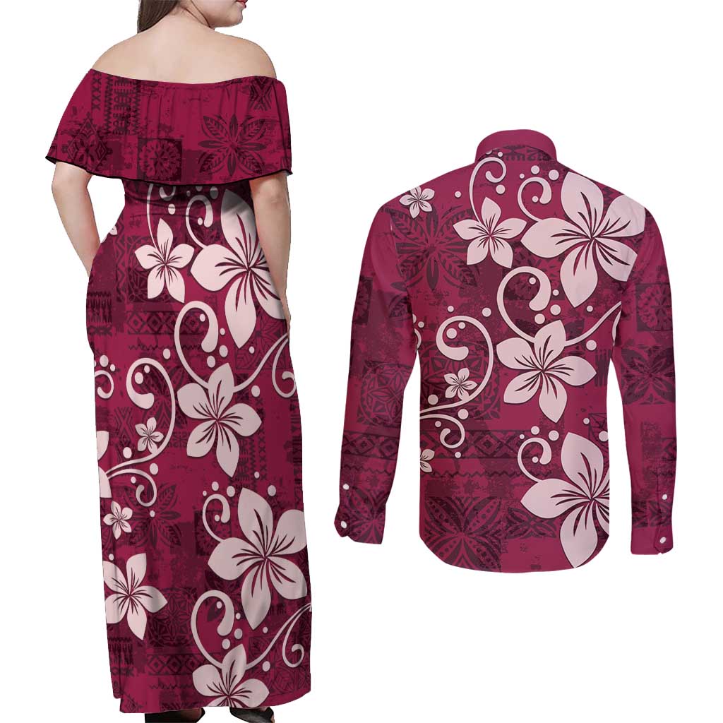 Plumeria Floral Tapa Pattern Ruby Pink Couples Matching Off Shoulder Maxi Dress and Long Sleeve Button Shirt LT01 - Polynesian Pride