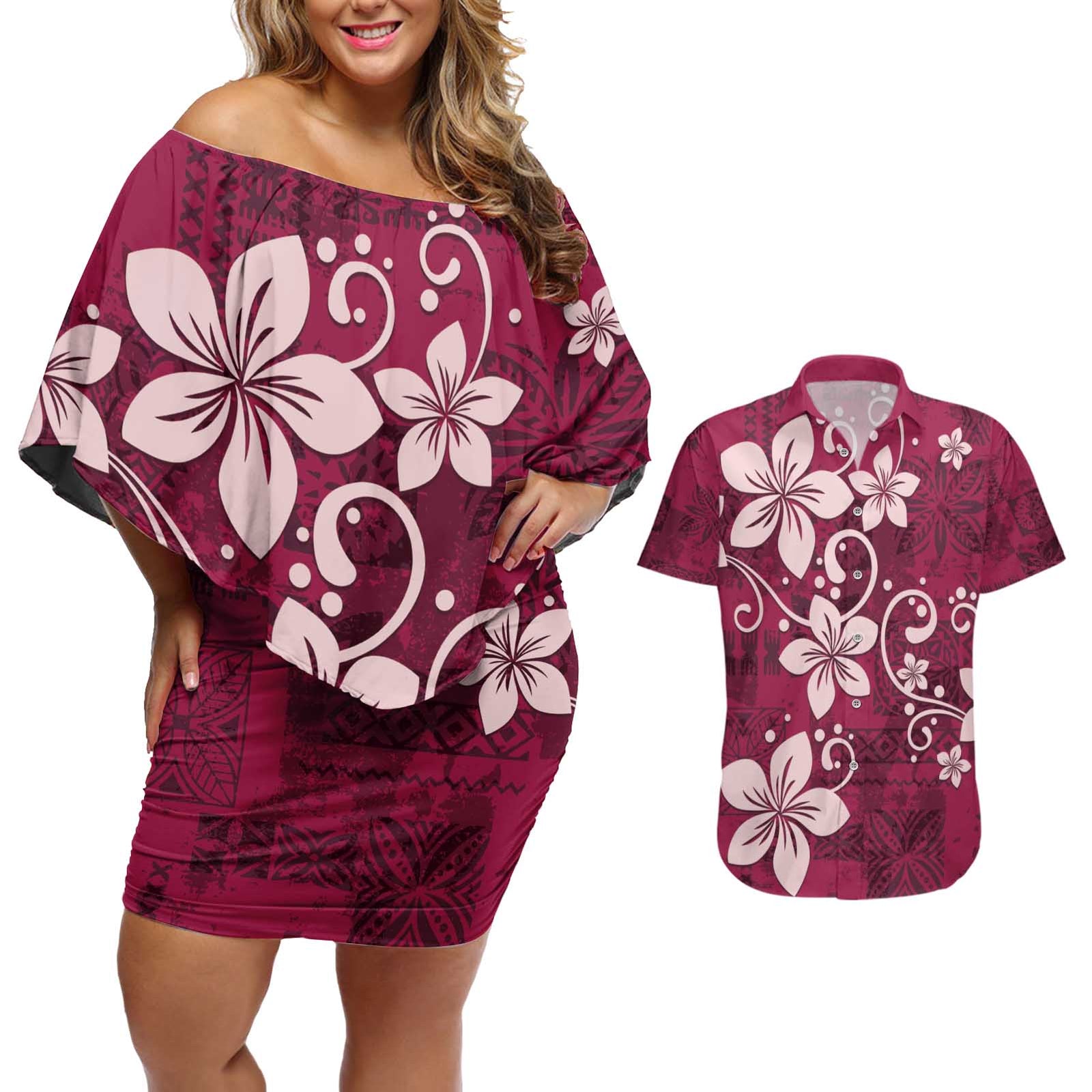 Plumeria Floral Tapa Pattern Ruby Pink Couples Matching Off Shoulder Short Dress and Hawaiian Shirt LT01 Pink - Polynesian Pride