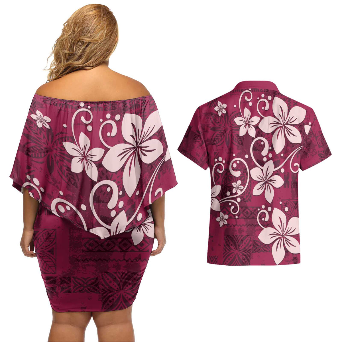 Plumeria Floral Tapa Pattern Ruby Pink Couples Matching Off Shoulder Short Dress and Hawaiian Shirt LT01 - Polynesian Pride