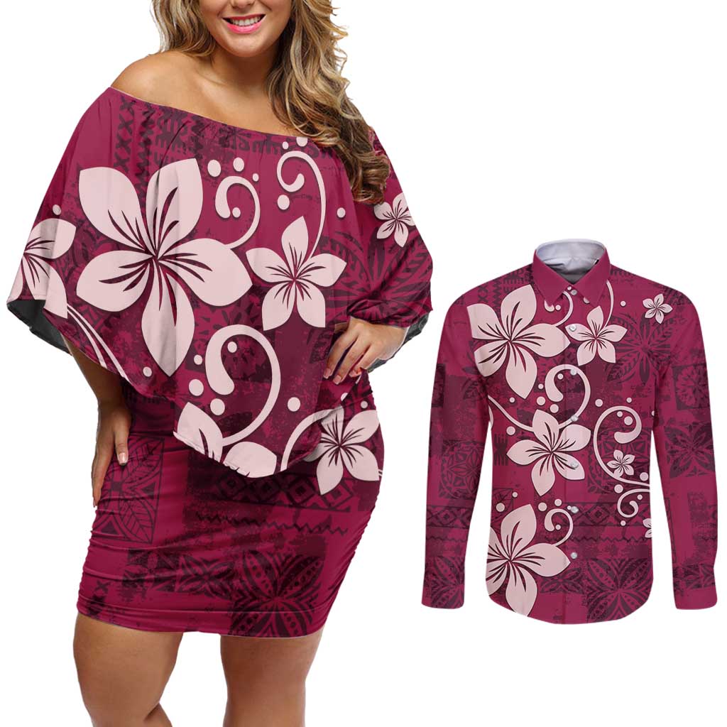 Plumeria Floral Tapa Pattern Ruby Pink Couples Matching Off Shoulder Short Dress and Long Sleeve Button Shirt LT01 Pink - Polynesian Pride