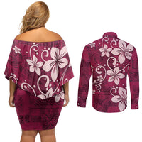Plumeria Floral Tapa Pattern Ruby Pink Couples Matching Off Shoulder Short Dress and Long Sleeve Button Shirt LT01 - Polynesian Pride