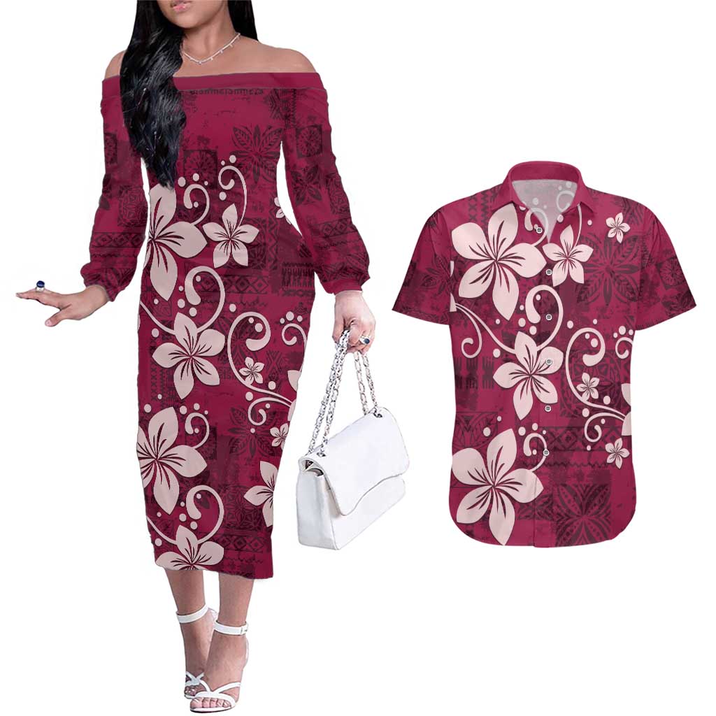 Plumeria Floral Tapa Pattern Ruby Pink Couples Matching Off The Shoulder Long Sleeve Dress and Hawaiian Shirt LT01 Pink - Polynesian Pride