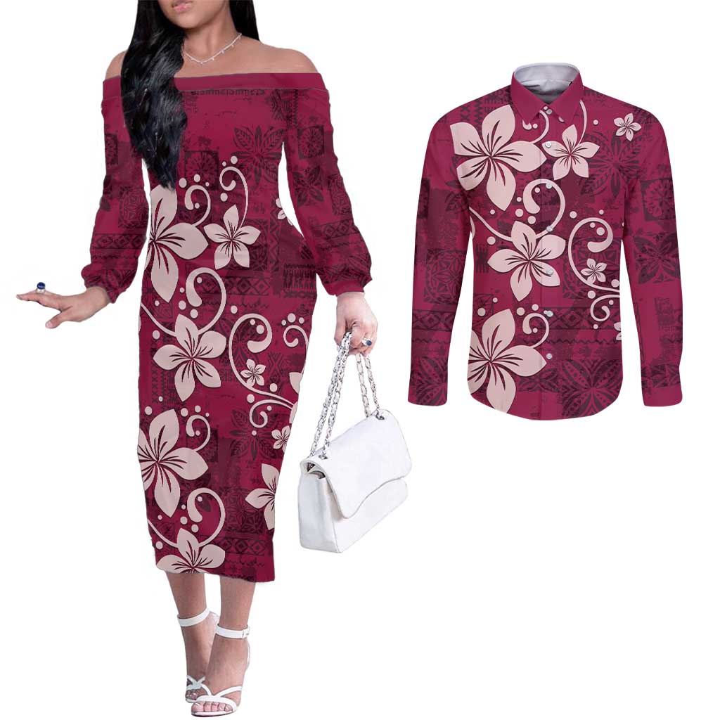 Plumeria Floral Tapa Pattern Ruby Pink Couples Matching Off The Shoulder Long Sleeve Dress and Long Sleeve Button Shirt LT01 Pink - Polynesian Pride