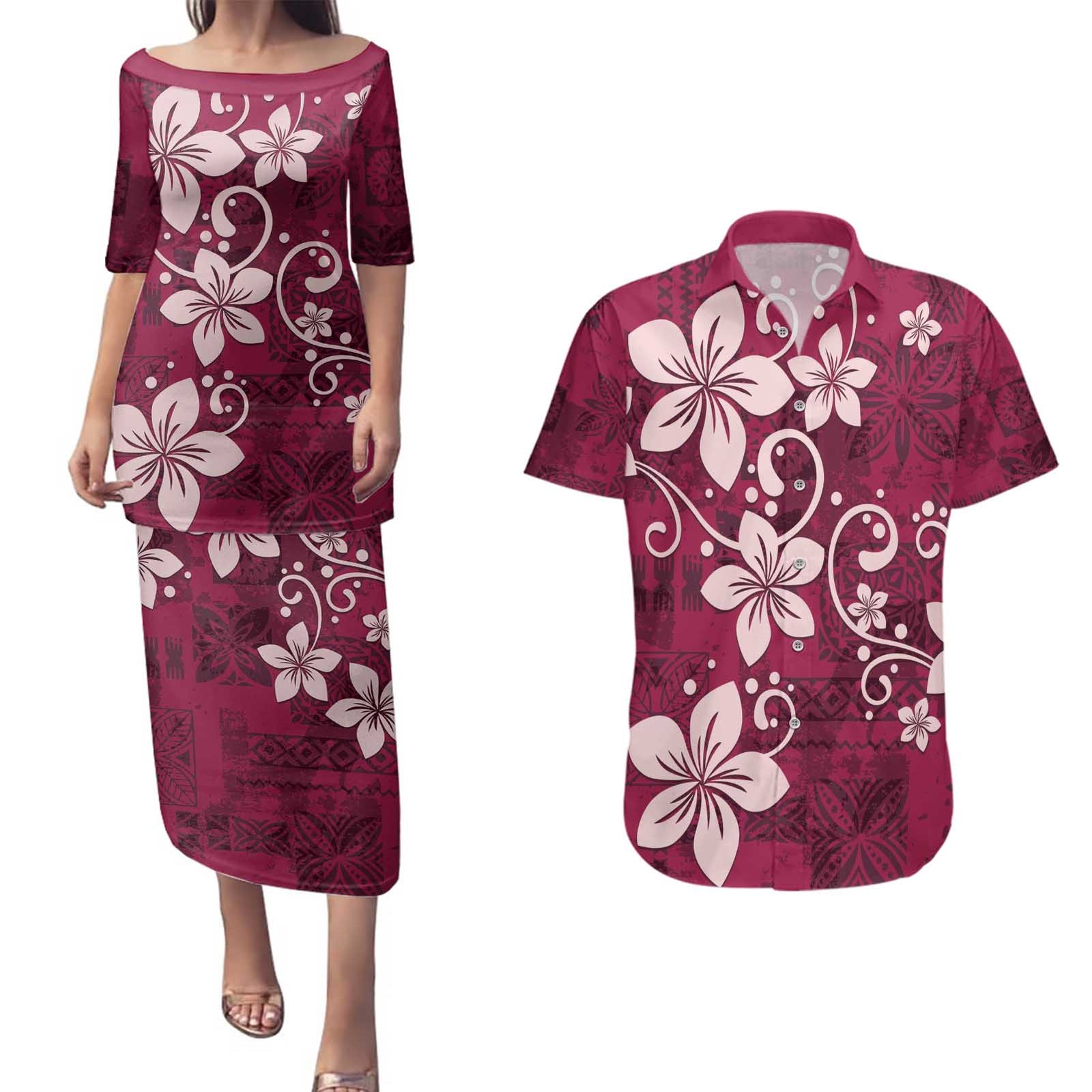 Plumeria Floral Tapa Pattern Ruby Pink Couples Matching Puletasi and Hawaiian Shirt LT01 Pink - Polynesian Pride