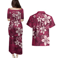 Plumeria Floral Tapa Pattern Ruby Pink Couples Matching Puletasi and Hawaiian Shirt LT01 - Polynesian Pride